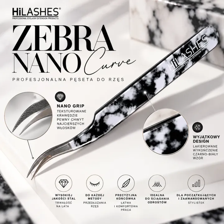 Nano Grip pęseta do rzęs Zebra Curve Hi-Lashes